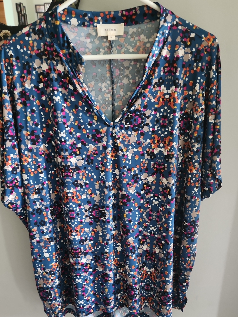 New BE Stage Blue Printed V-Neck Oversized Blouse with Multicolor Dots